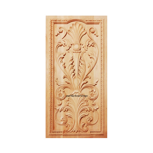 PNL-21 Vigirous Floral Leaf Carved Wood Panel,  20"Wx38"H, Single, Unfinished