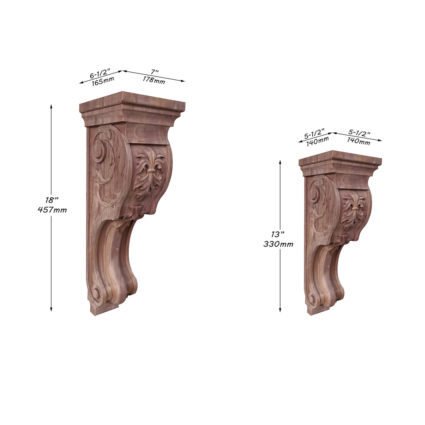 PAIR of Vivid Leaves Carved Wood Corbels, Available from 10" to 18" High, Unfinished