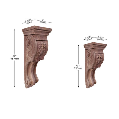 PAIR of Vivid Leaves Carved Wood Corbels, Available from 10" to 18" High, Unfinished