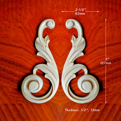 PAIR of Simple & Beautiful Scroll Leaf Carved Onlay