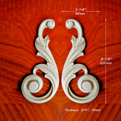 PAIR of Simple & Beautiful Scroll Leaf Carved Onlay