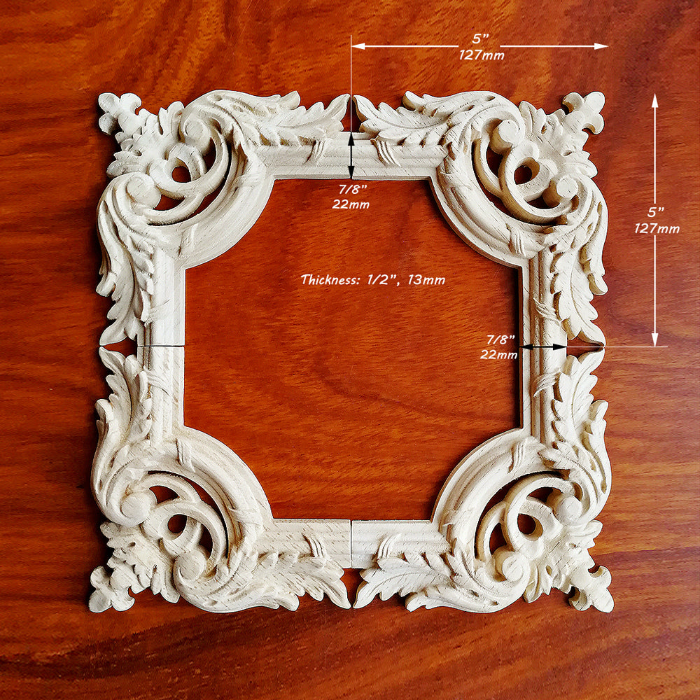 PAIR of Delicate Leaf Carved Corner Applique with Panel Moulding, Available in 4 Sizes