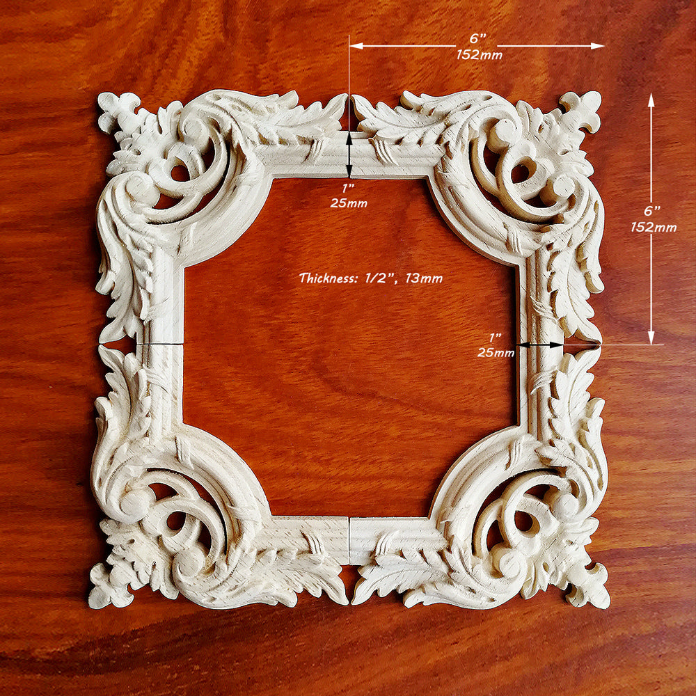 PAIR of Delicate Leaf Carved Corner Applique with Panel Moulding, Available in 4 Sizes