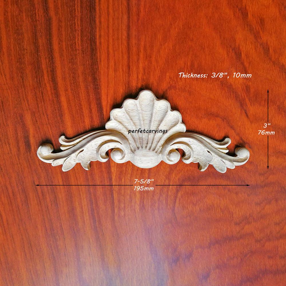 Small Shell Scroll Leaf Carved Wood Applique Onlay，7-5/8