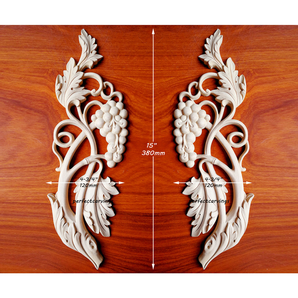 PAIR of Delicate Grapevine Carved Wood Applique Onlay, 4-3/4"Wx15"H
