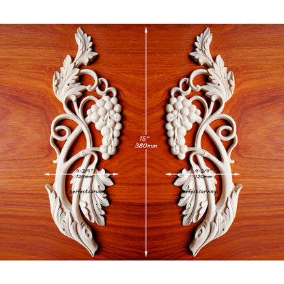 PAIR of Delicate Grapevine Carved Wood Applique Onlay, 4-3/4"Wx15"H