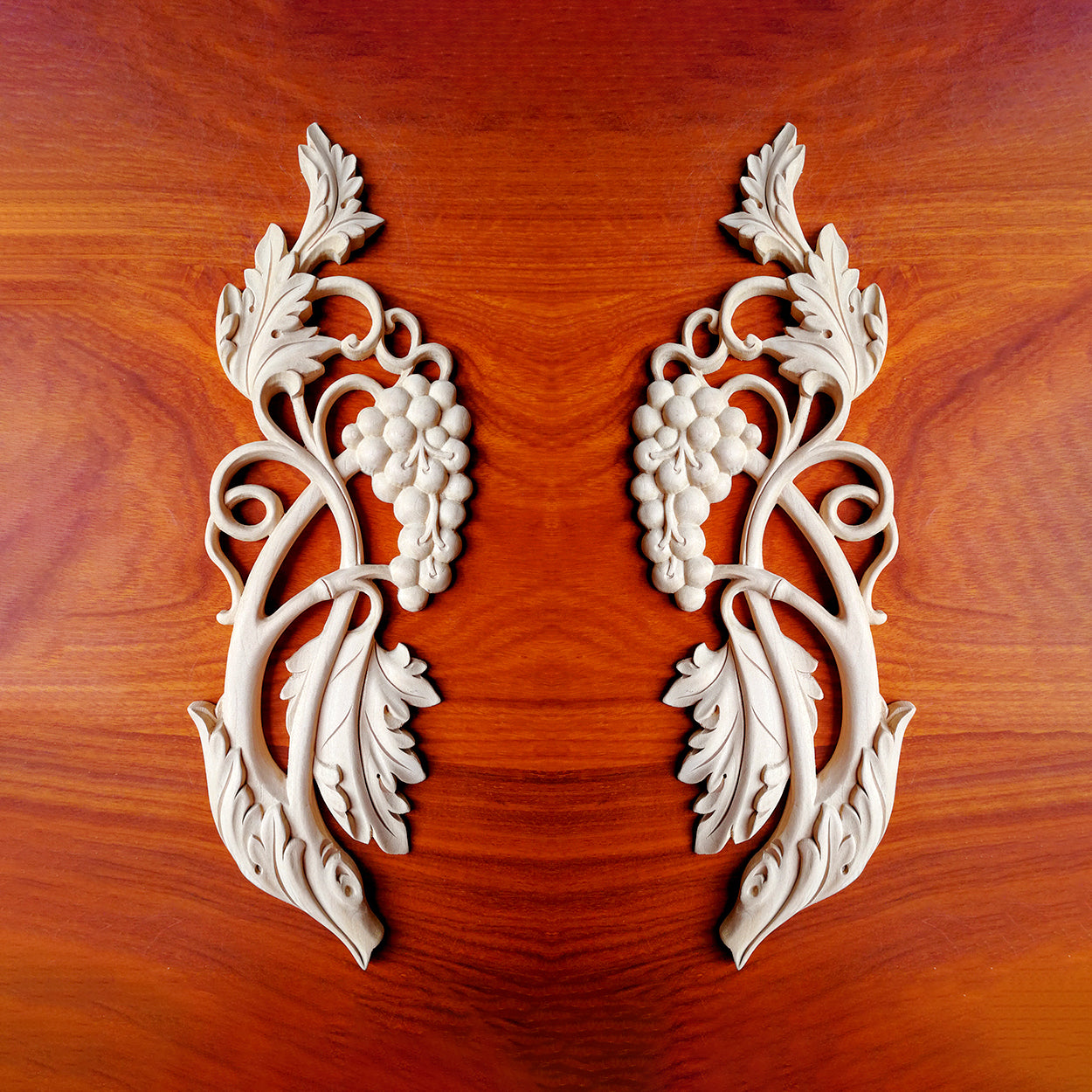 PAIR of Delicate Grapevine Carved Wood Applique Onlay, 4-3/4"Wx15"H
