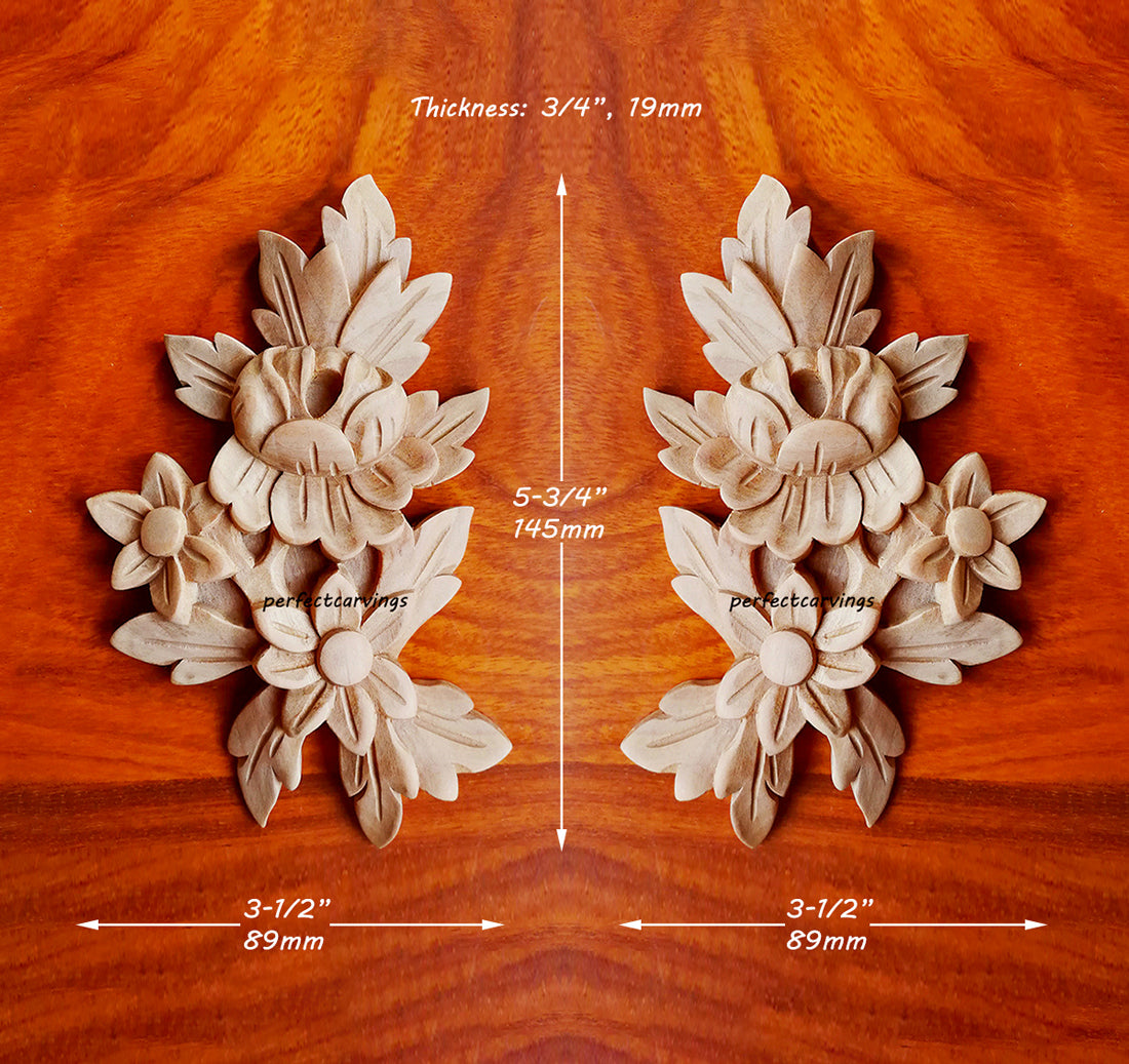 PAIR of Artistic Floral Carved Wood Applique Onlay, 3-1/2"Wx5-3/4"H