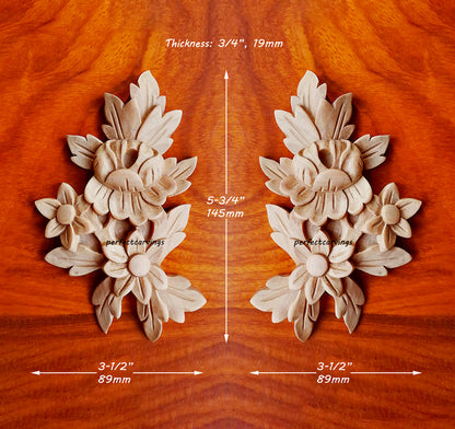 PAIR of Artistic Floral Carved Wood Applique Onlay, 3-1/2"Wx5-3/4"H