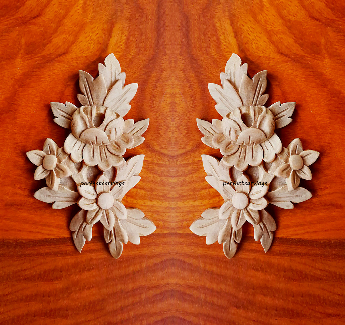 PAIR of Artistic Floral Carved Wood Applique Onlay, 3-1/2"Wx5-3/4"H
