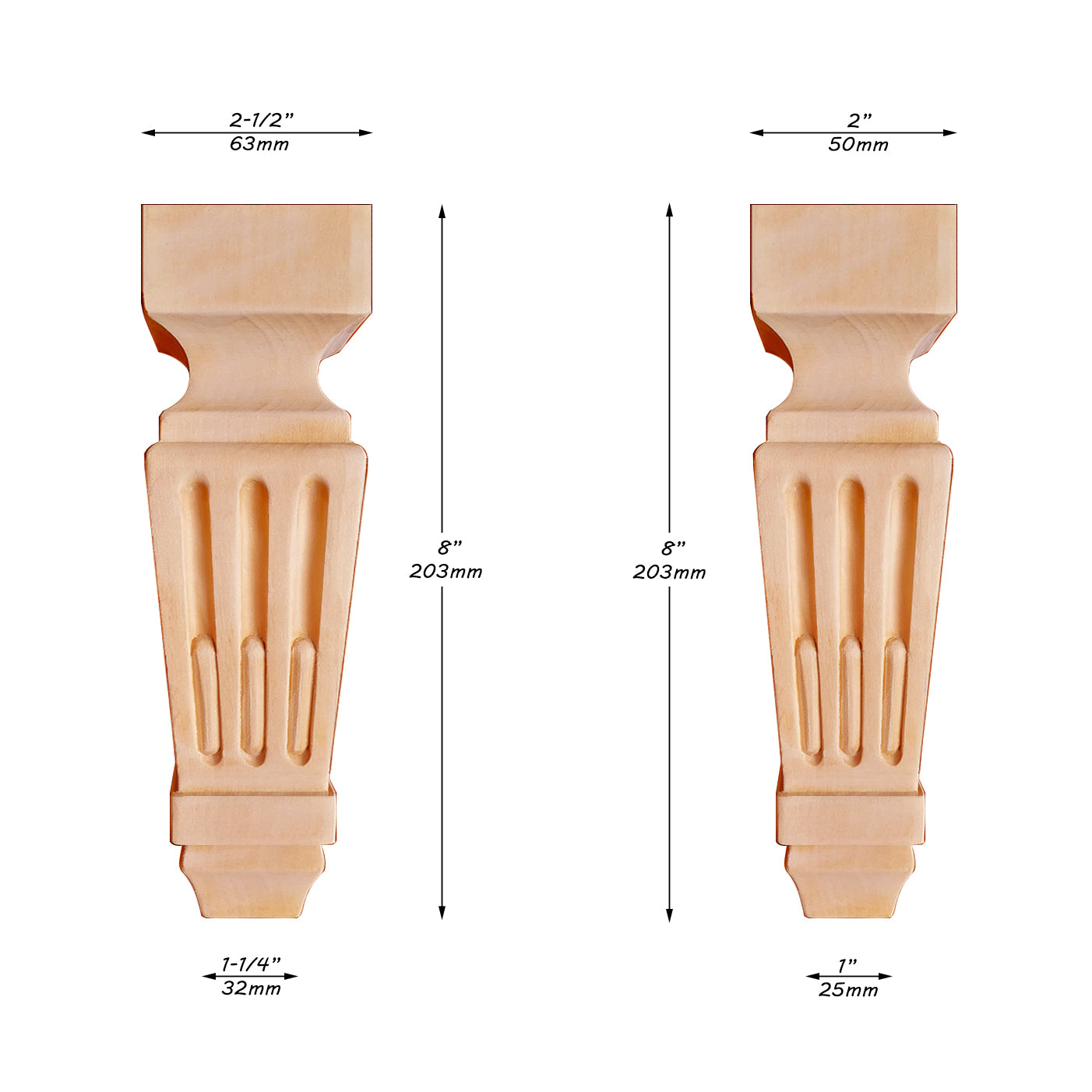 PAIR of French Style Wood Carved 8"High Cabinet Feet,  Furniture Legs, Available in 2 Sizes