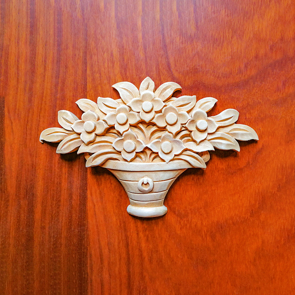 PAIR of  Vivid Pot of Flower Carved Wood Applique,  5-7/8