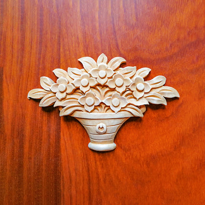 PAIR of  Vivid Pot of Flower Carved Wood Applique,  5-7/8"Wx3-3/4"H