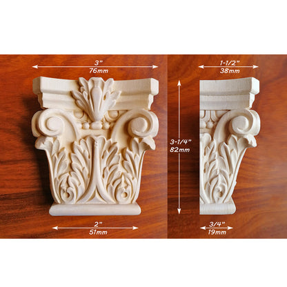 PAIR of Wood Carved Small Corinthian Pilaster Capitals, Available in 2 Sizes