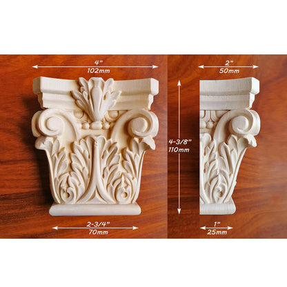 PAIR of Wood Carved Small Corinthian Pilaster Capitals, Available in 2 Sizes