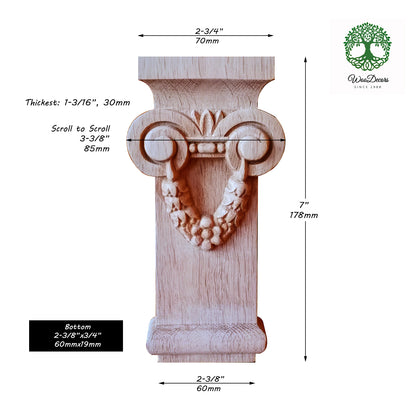 PAIR of Ionic Capital with Floral Wreath Carved for 2-3/8"x3/4" Pilasters