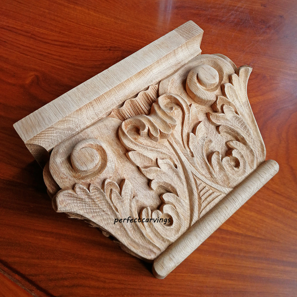 Victorian Style Sprout Leaf Carved 7-1/4"H Pilaster Capital, Hollow Back, Single