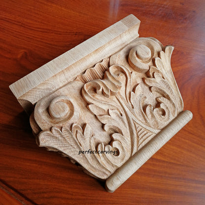 Victorian Style Sprout Leaf Carved 7-1/4"H Pilaster Capital, Hollow Back, Single