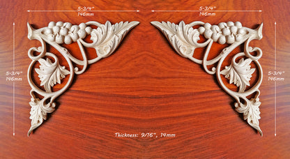 PAIR of Exquisite Grapevine Carved Corners, Appliques Onlays, Mirror Pair, Available in 3 Sizes