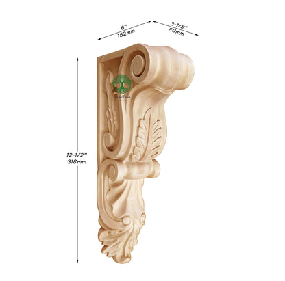 PAIR of Tongue Leaf Carved Wood Corbels, Available from 9" to 20" High, Unfinished