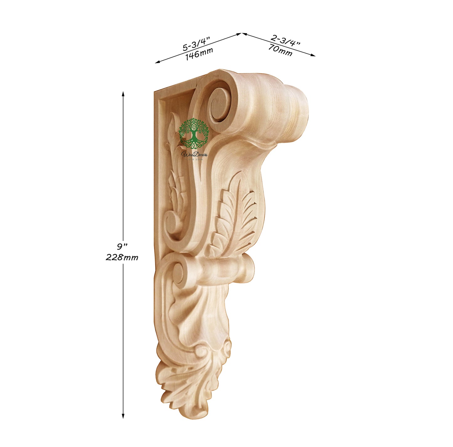 PAIR of Tongue Leaf Carved Wood Corbels, Available from 9" to 20" High, Unfinished