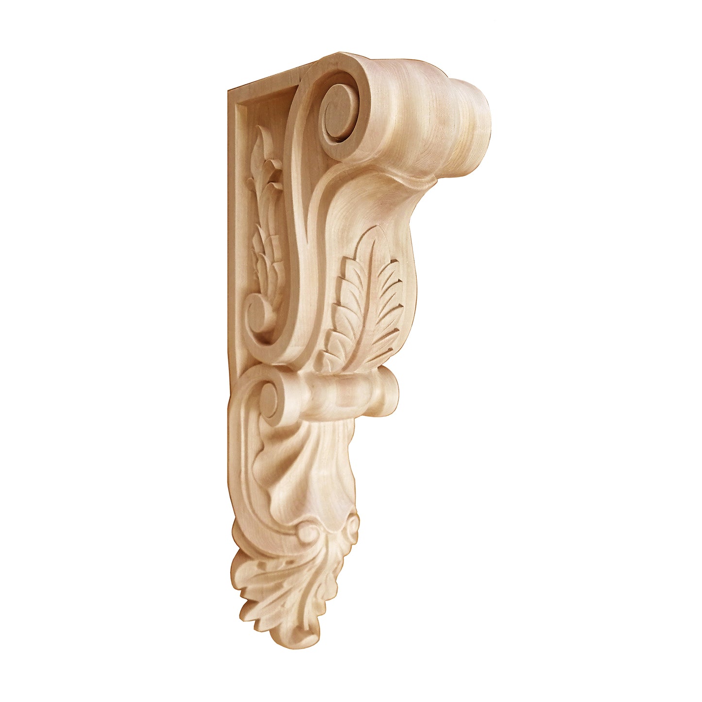 PAIR of Tongue Leaf Carved Wood Corbels, Available from 9" to 20" High, Unfinished
