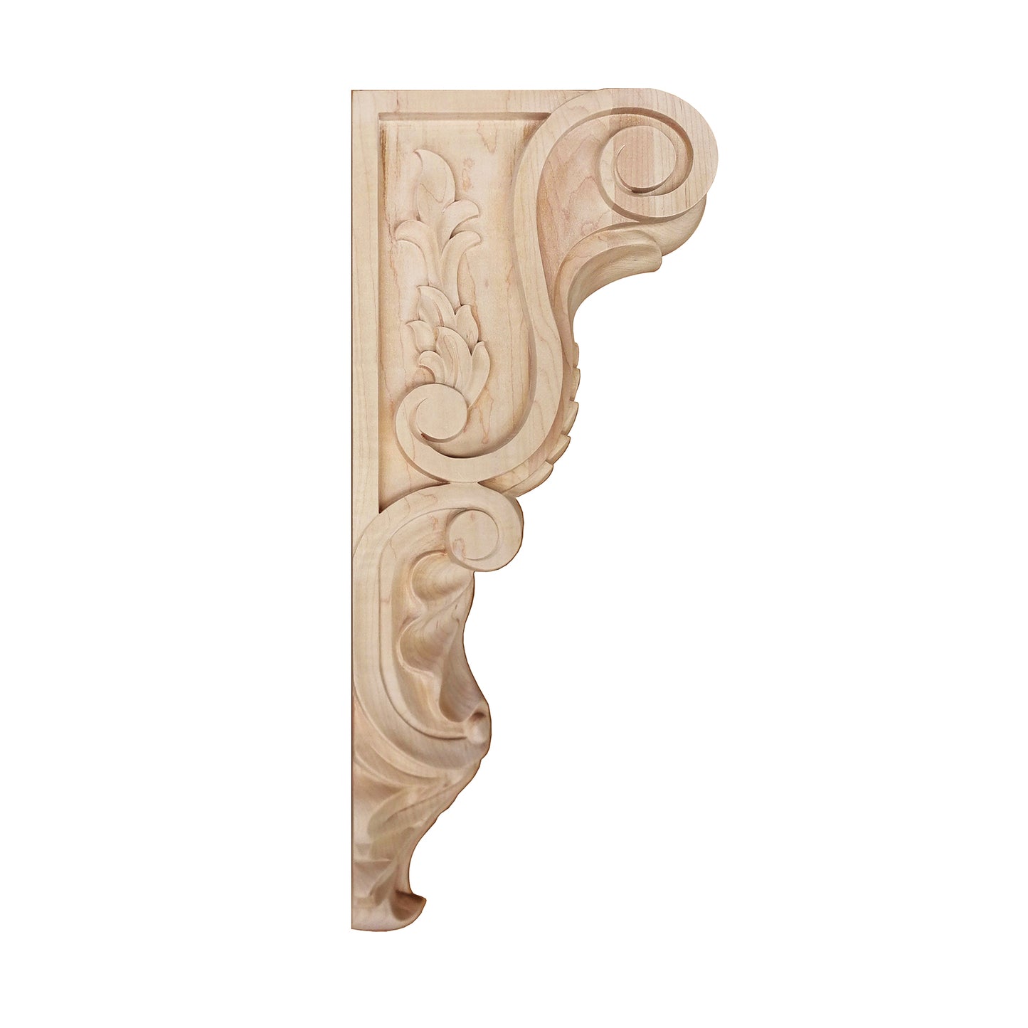 PAIR of Tongue Leaf Carved Wood Corbels, Available from 9" to 20" High, Unfinished