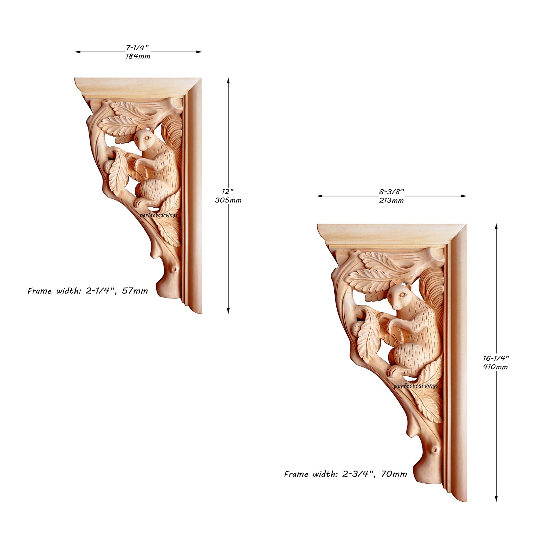 PAIR of Vintage Squirrel Trunk Carved Wood Bracket Corbels, Available in 2 sizes, Unfinished