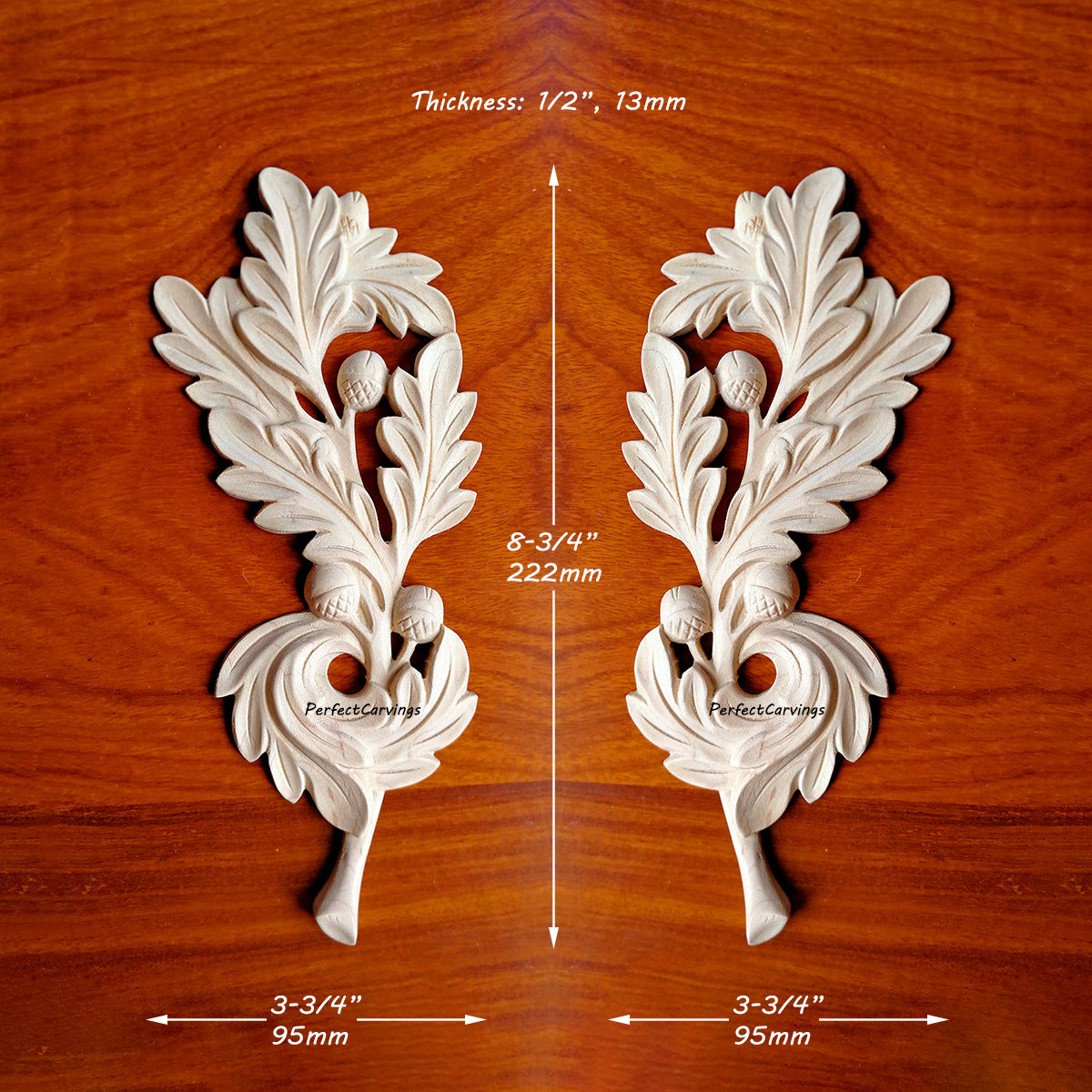 PAIR of Acorn Leaf Cluster Carved Wood Applique Onlay, 3-3/4"x8-3/4"H