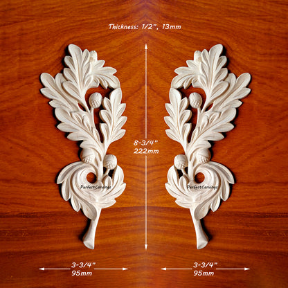 PAIR of Acorn Leaf Cluster Carved Wood Applique Onlay, 3-3/4"x8-3/4"H
