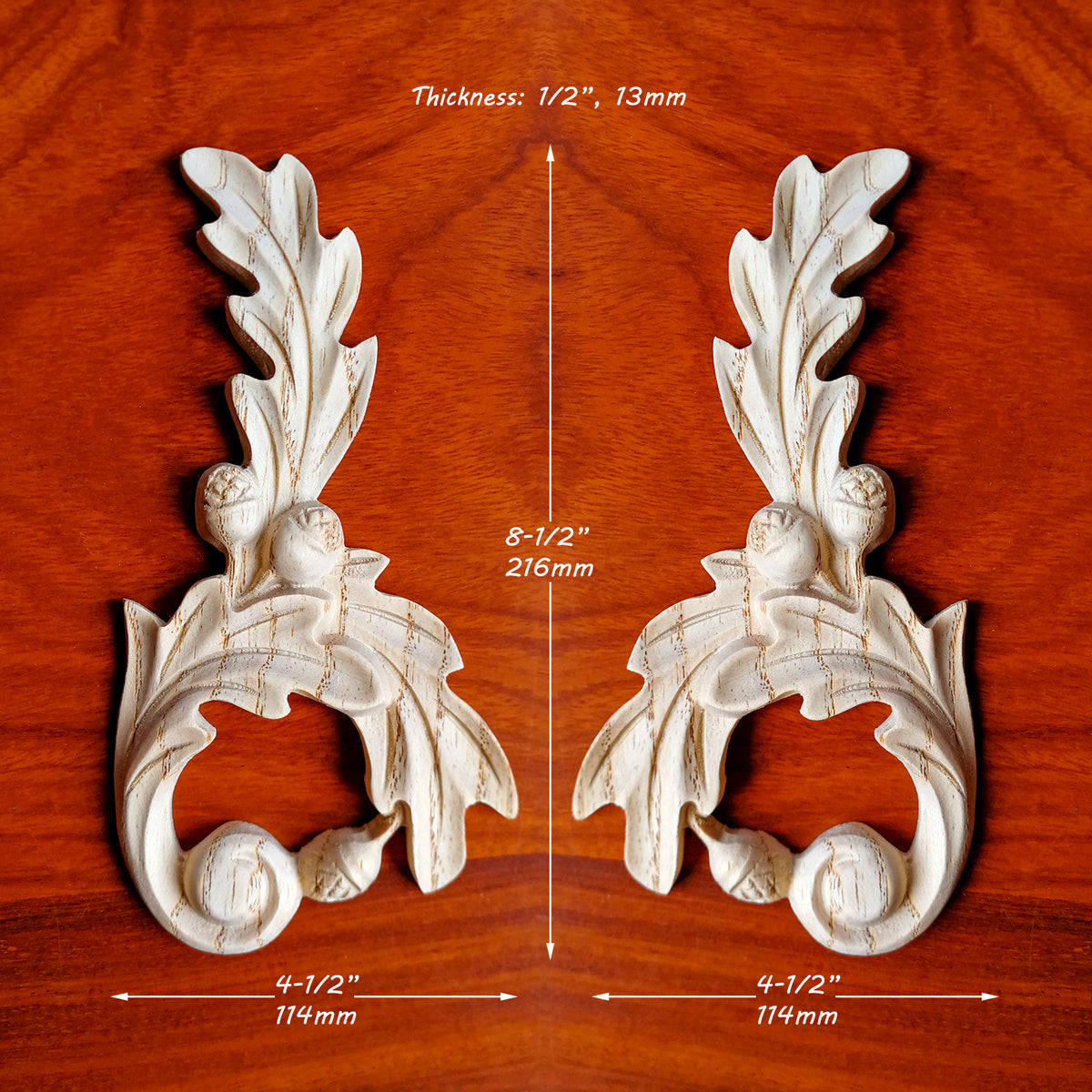 PAIR of Acorn Leaf Carved Wood Applique Onlay, Mirror Pair, Available in Two Sizes
