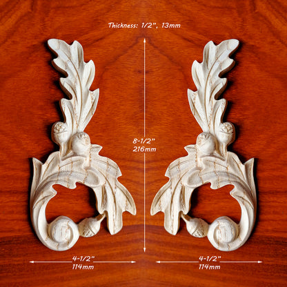 PAIR of Acorn Leaf Carved Wood Applique Onlay, Mirror Pair, Available in Two Sizes