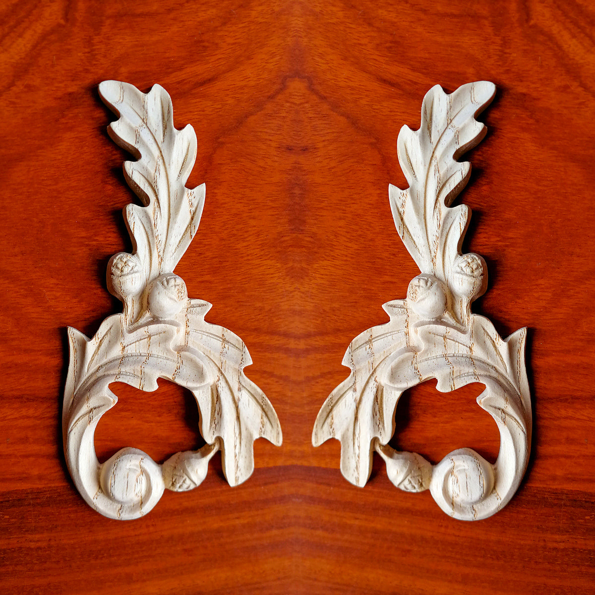 PAIR of Acorn Leaf Carved Wood Applique Onlay, Mirror Pair, Available in Two Sizes