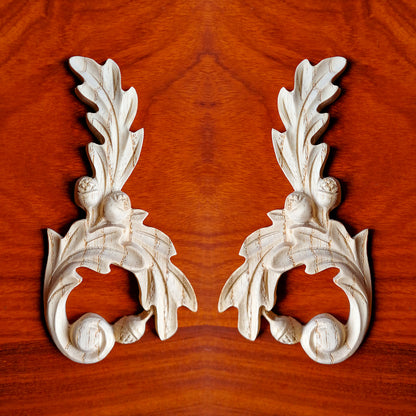 PAIR of Acorn Leaf Carved Wood Applique Onlay, Mirror Pair, Available in Two Sizes
