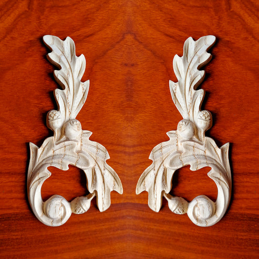 PAIR of Acorn Leaf Carved Wood Applique Onlay, Mirror Pair, Available in Two Sizes