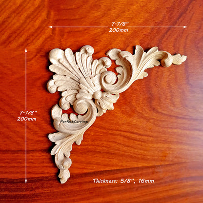 PAIR of Delicate Deep Relief Leaf Corner Applique Onlay, Available in 3-7/8", 6" & 7-7/8"