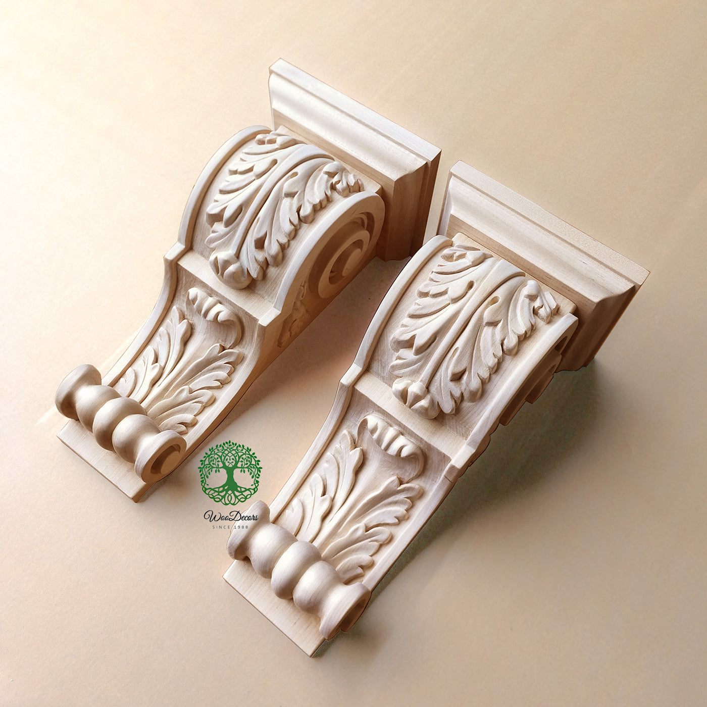 PAIR of Vintage Style Leaf Scroll Carved Wood Corbels, Carved Bookends, Wall Brackets, Available in 3 Sizes