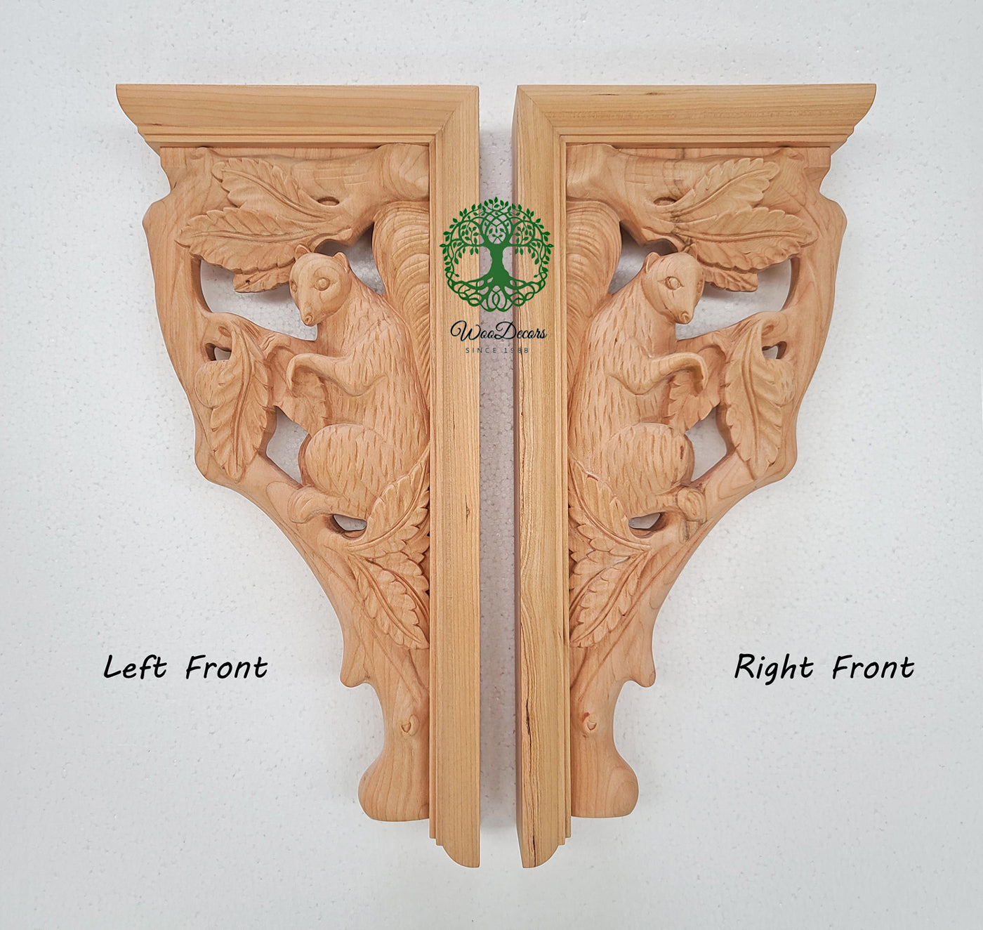 PAIR of Vintage Squirrel Trunk Carved Wood Bracket Corbels, Available in 2 sizes, Unfinished