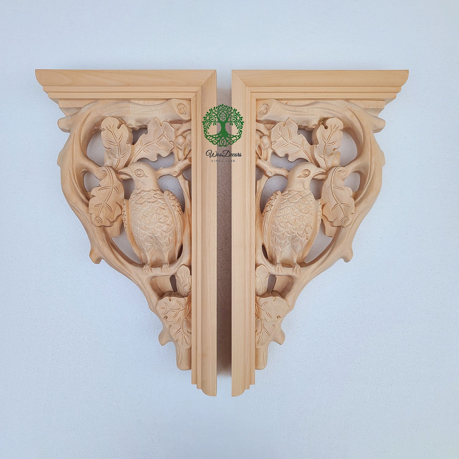 PAIR of Wood Carved Vintage Bird in Tree Bracket Corbels, Available in 10