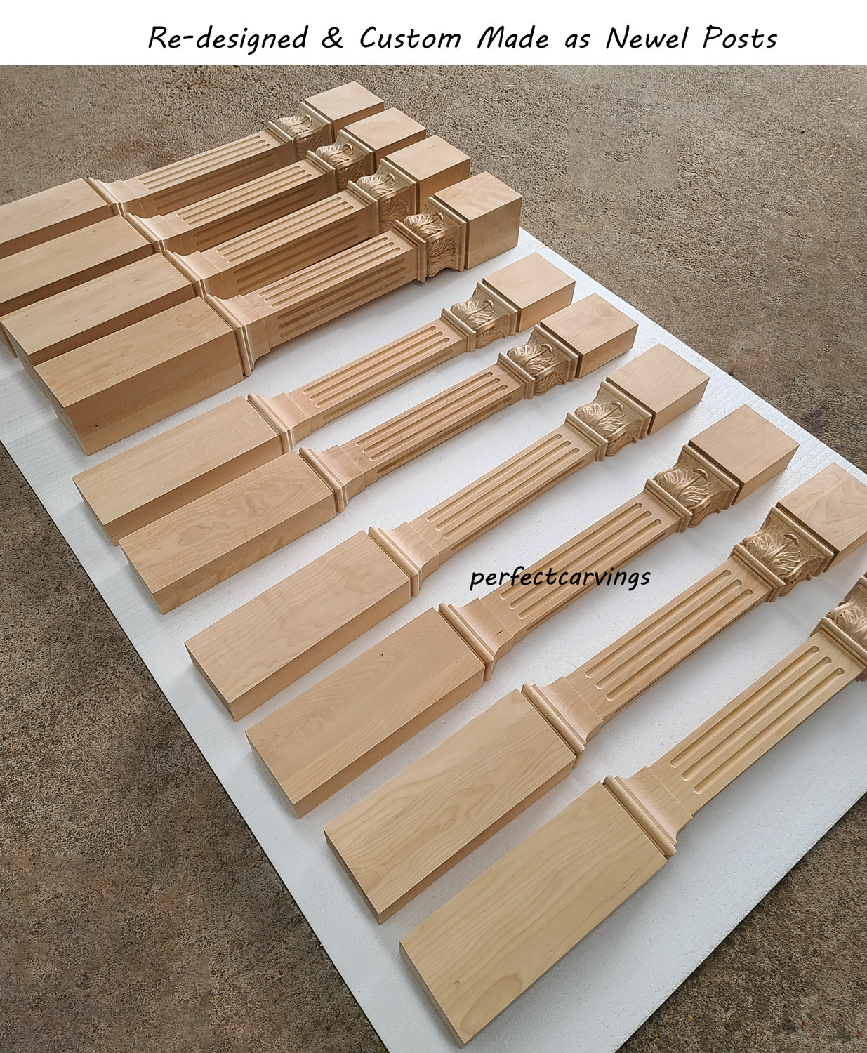 PAIR of CLM-21 Leaf Carved 36"High Fluted Wood Posts, Square Columns