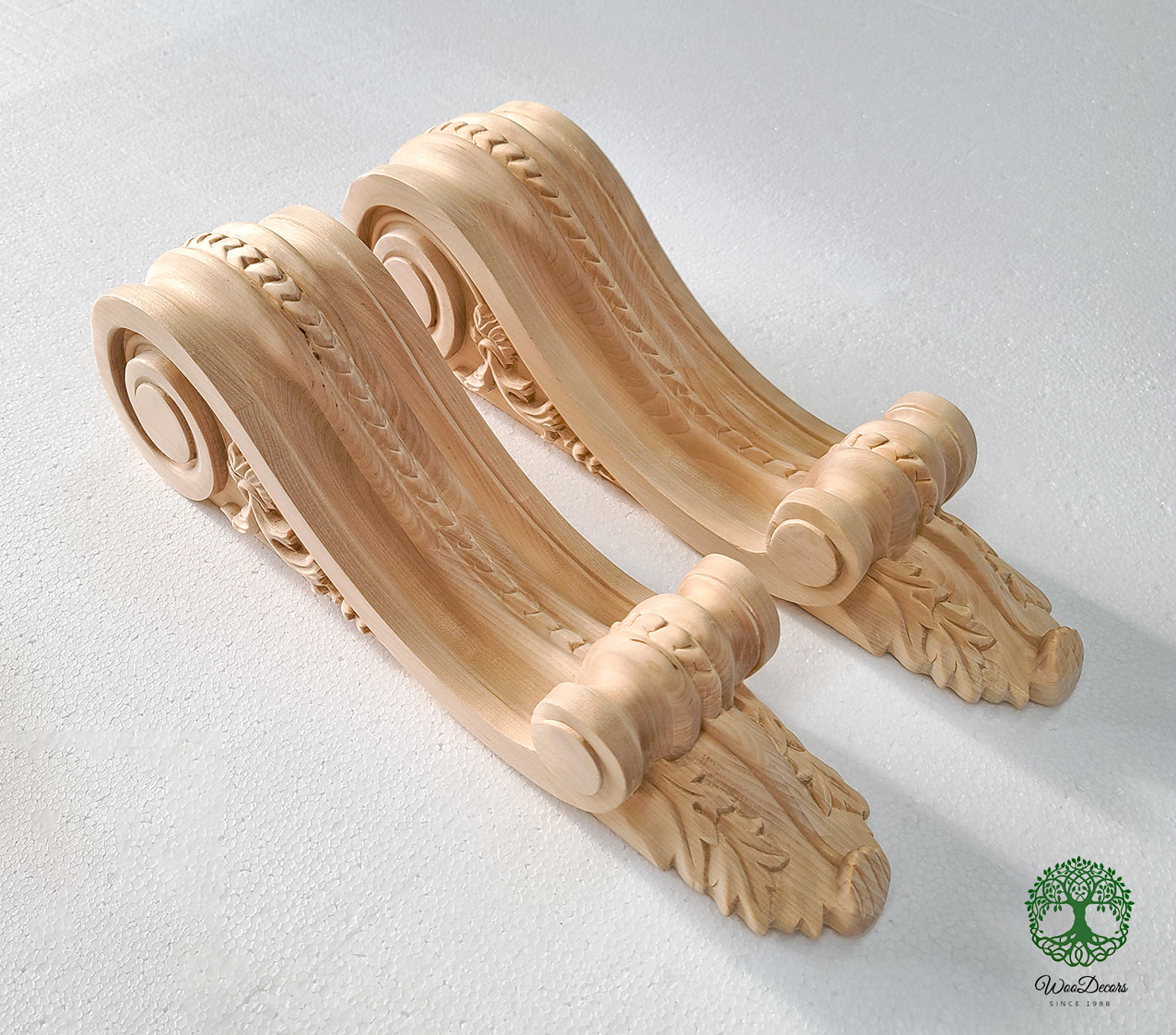 PAIR of Elegant Curved Wood Corbels for Door Surround and Mantel, 4"Wx4-3/4"Dx15-3/4"H