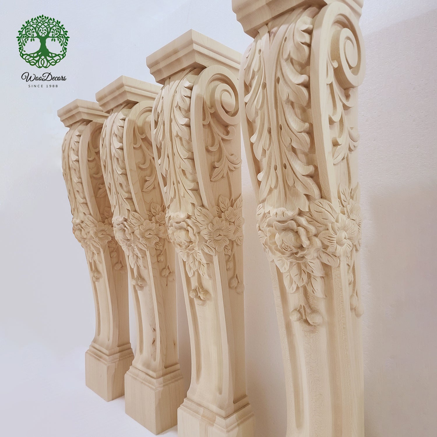 PAIR of ISP-18 Wood Rose Leaf Carved 35-1/2