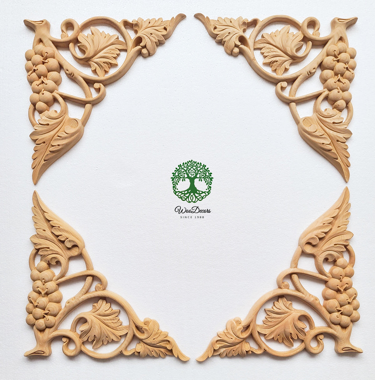 PAIR of Exquisite Grapevine Carved Corner Appliques Onlay, Mirror Pair