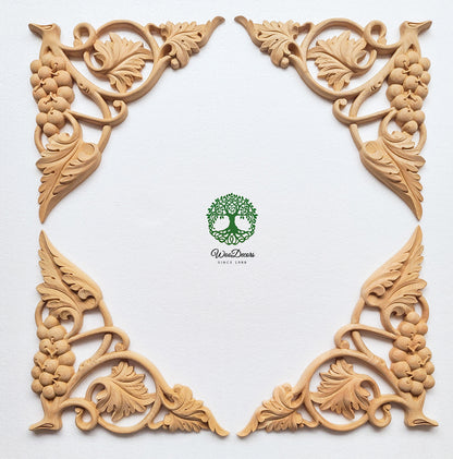 PAIR of Exquisite Grapevine Carved Corner Appliques Onlay, Mirror Pair