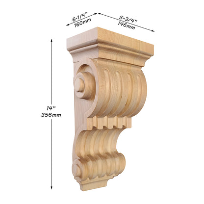 PAIR of Fluted Wood Carved Corbels, Available in  8", 11" & 14" High