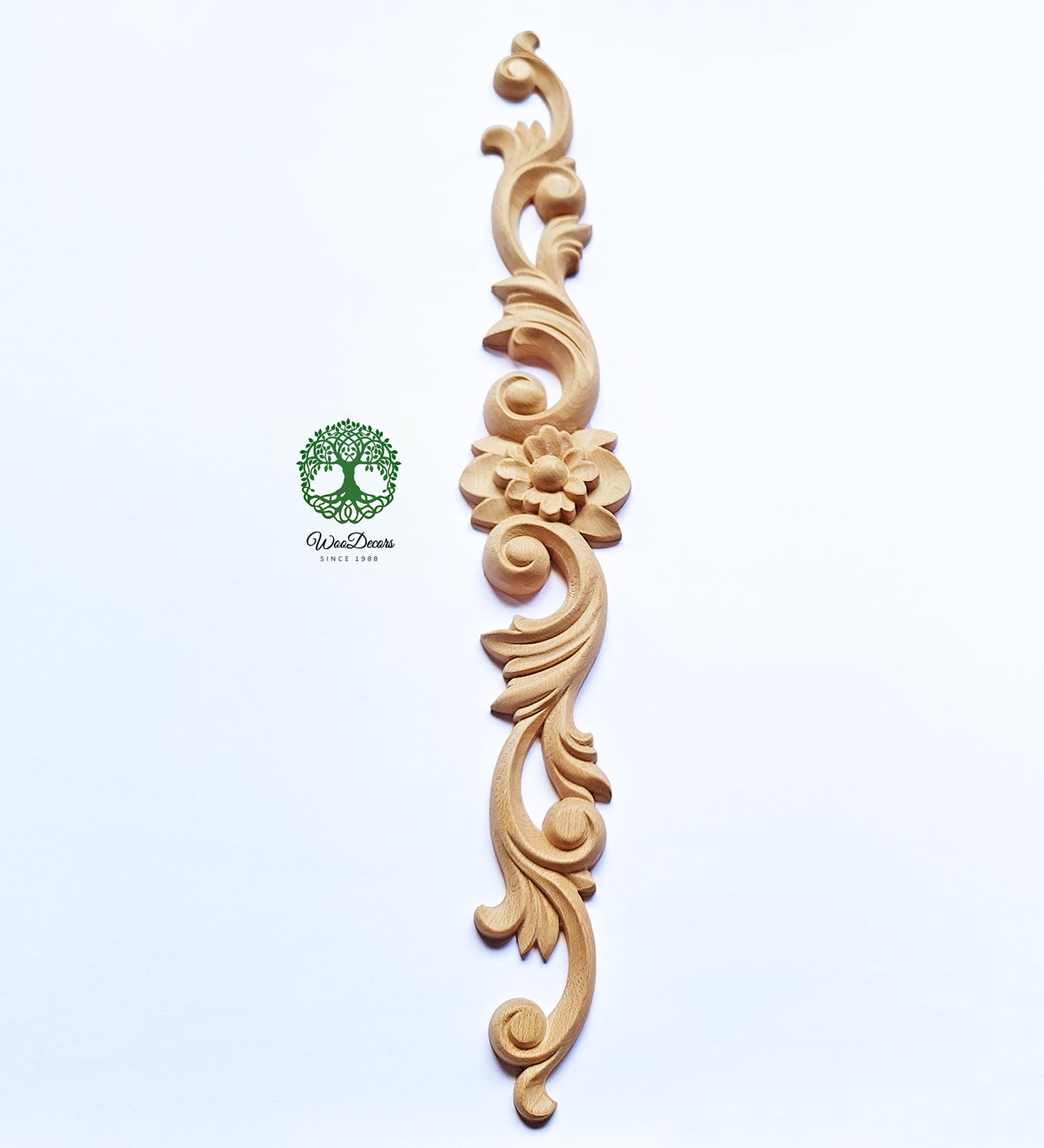Narrow Floral Scroll Leaf Carved Wood Applique, Furniture Onlay, Single, Available in 16" & 22" Wide