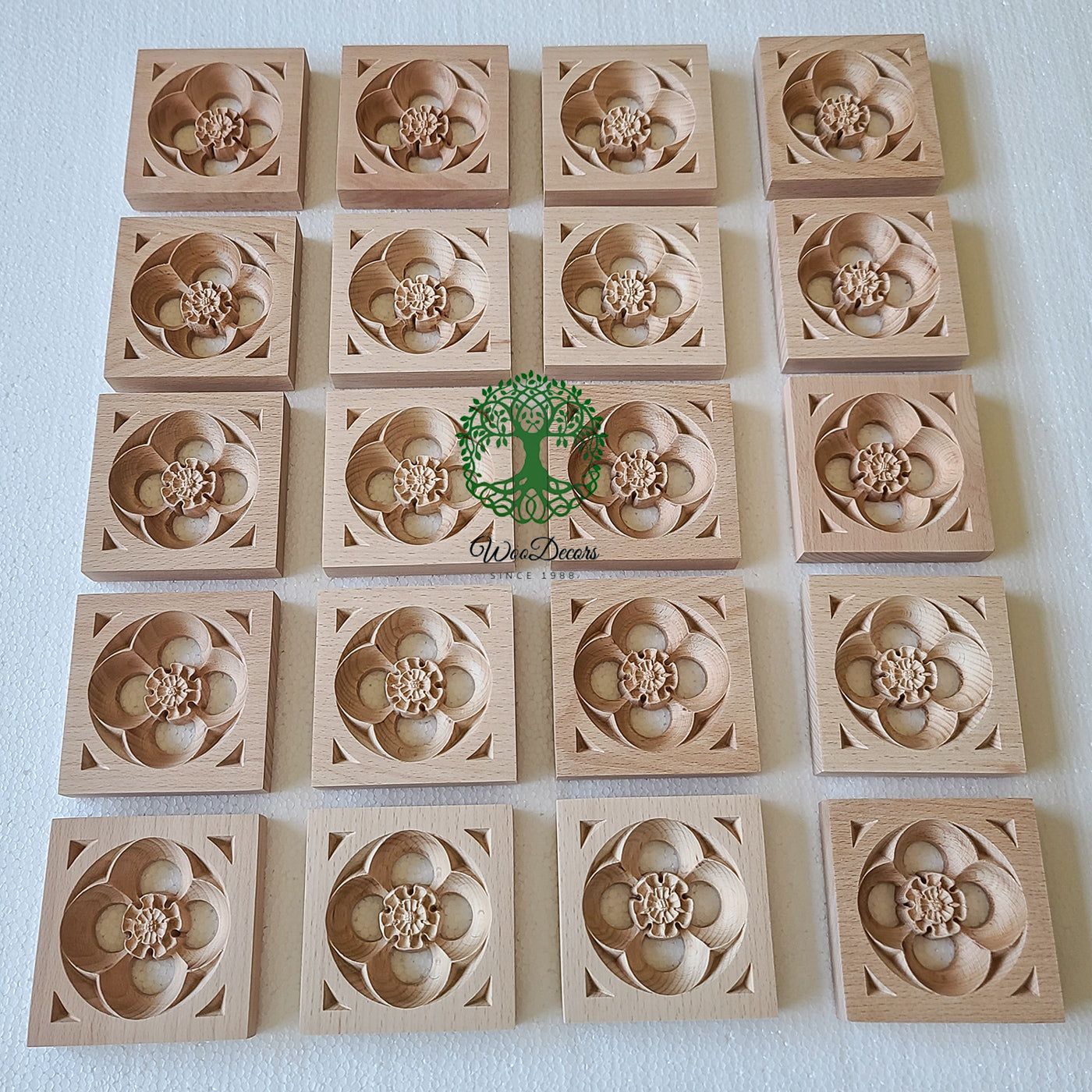 PAIR of Square Gothic Style Wood Carved Rose Block, Available in 5 Sizes