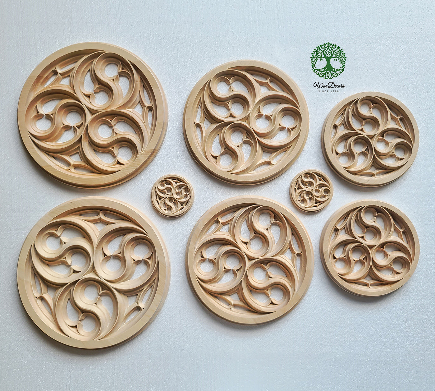 Gothic Wood Carved Round Panel, Gothic Rosette, Available in 12" & 14", Single