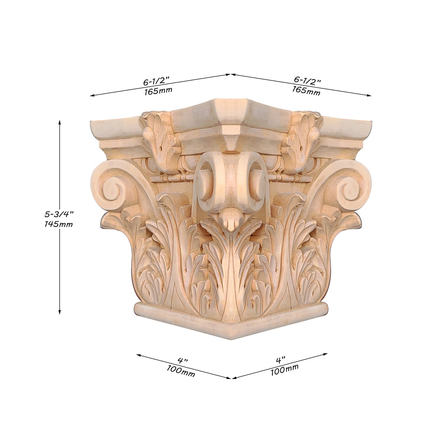Wood Carved Acanthus Capitals for 4", 5" & 6-1/4" Square Columns, Hollow, Single