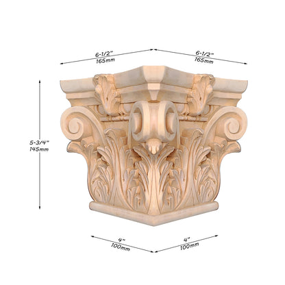 Wood Carved Acanthus Capitals for 4", 5" & 6-1/4" Square Columns, Hollow, Single